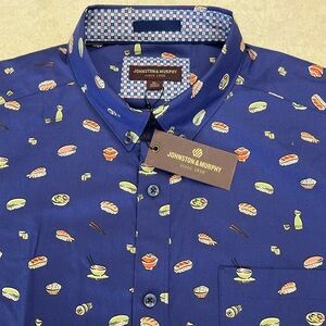 NWT JOHNSTON & MURPHY Sushi Print Blue Short Sleeve Button Down Shirt 74-9520 XL